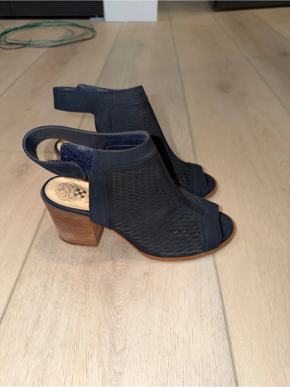Vince Camuto Navy Open-Toe Laser-Cut Heeled Mules